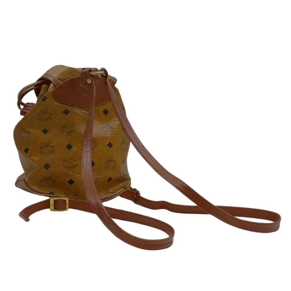 MCM Cognac Visetos Logo Leather Drawstring Backpack